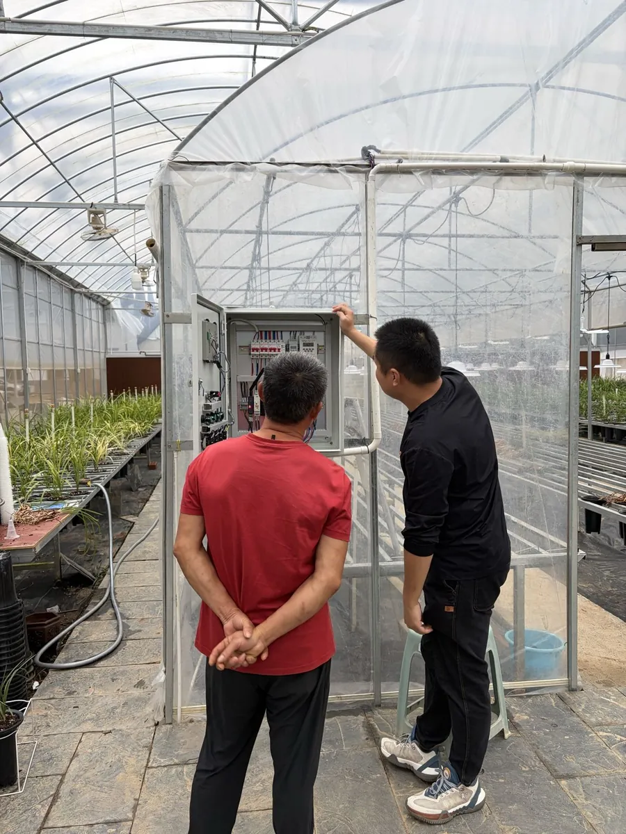 Two people inspecting the wiring inside an open greenhouse control cabinet