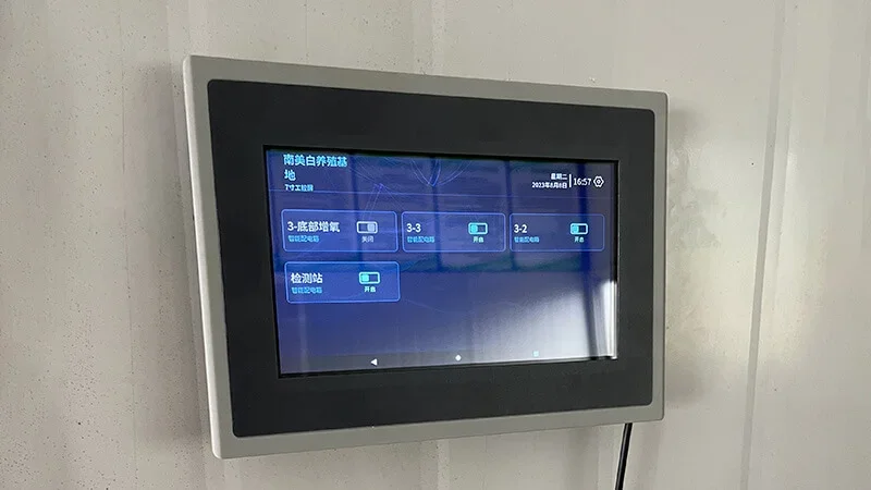 Cabinet touch panel displaying measurements and equipment controls