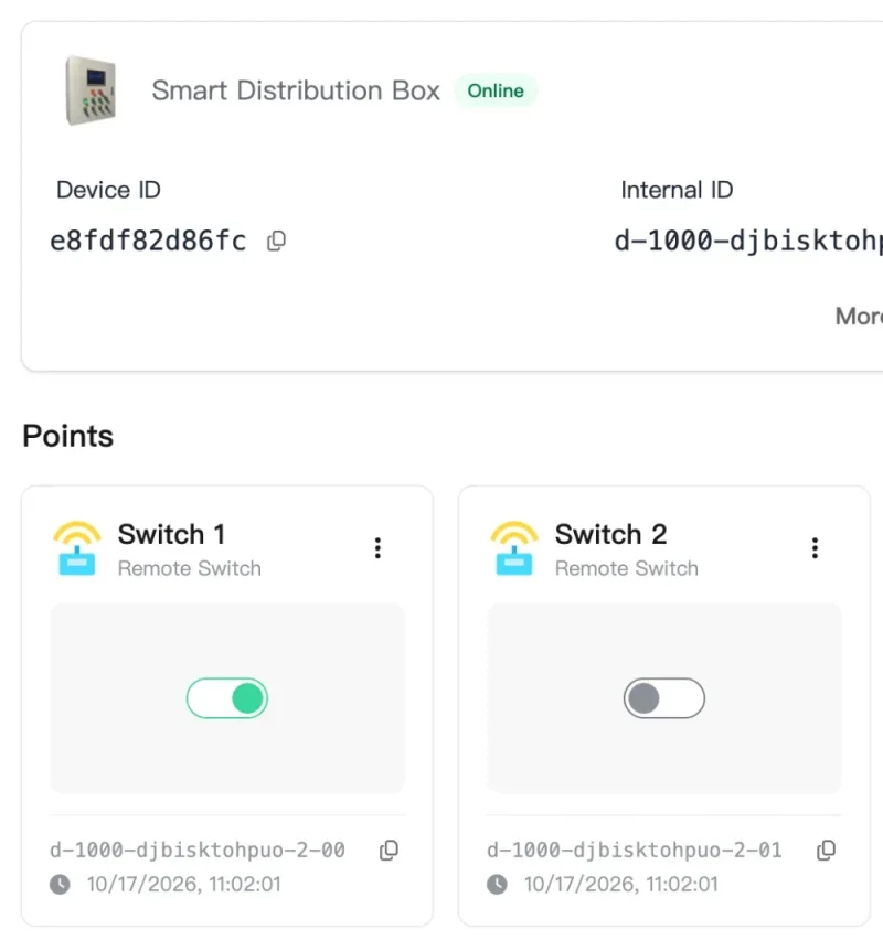 YenGear IoT Cloud device page with remote switch points