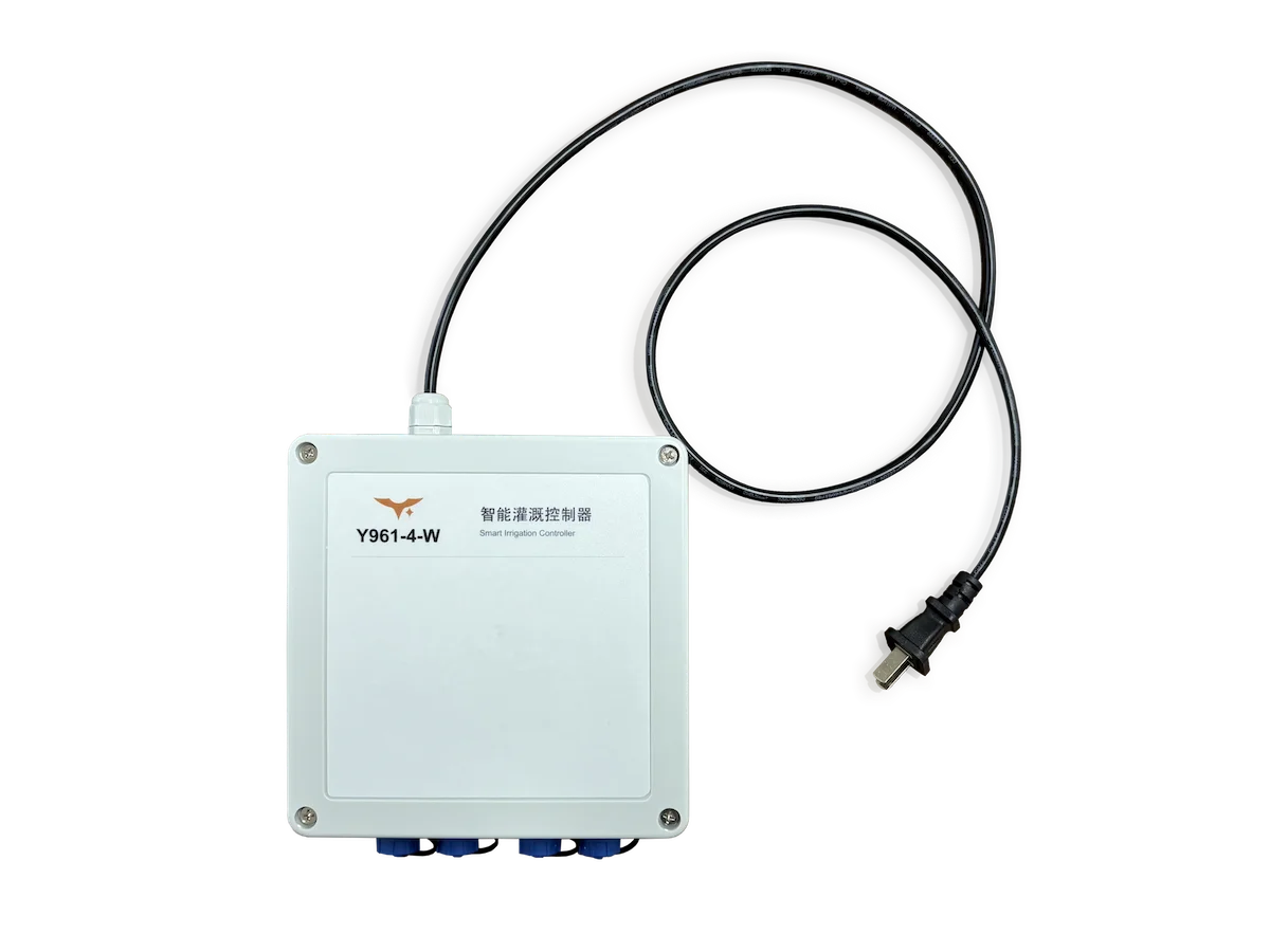 Y961 four-output Wi-Fi irrigation controller with its power cord